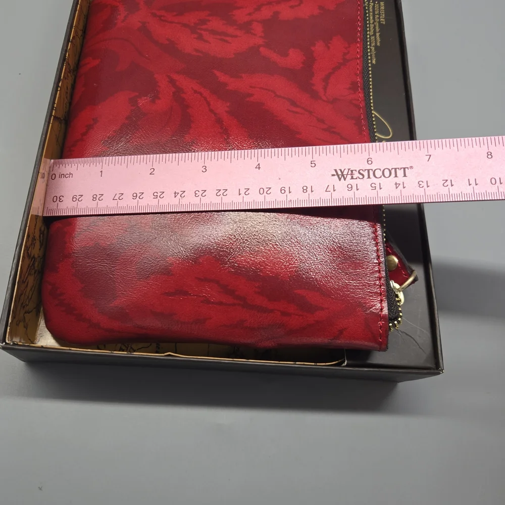 Patricia Nash Satin Leaves Cassini Genuine Leather Clutch Wristlet Red NEW $79